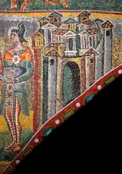 Christliche Kunst: „Anbetung der Heiligen Drei Könige“. Detail der Landschaft. Mosaik des 5. Jahrhunderts. Triumphbogen, Basilika Santa Maria Maggiore, Rom.