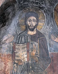 Nahaufnahme eines Freskos eines Pantokrators, Christus Pantokrator, Zoupena, Sparta, Peloponnes, Griechenland