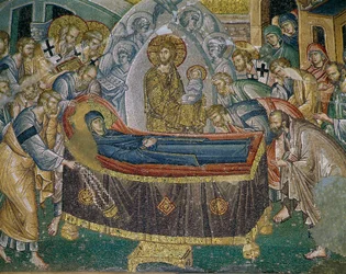 Entschlafung (Mariä Tod), Fresko in Kariye Camii (St. Erlöser in Chora Kirche, Istanbul, Türkei)