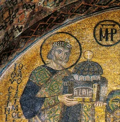 Kaiser Justinian präsentiert die Hagia Sophia der Jungfrau und dem Kind (Mosaik)