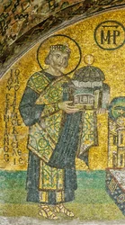 Kaiser Justinian überreicht der Jungfrau und dem Kind die Hagia Sophia (Mosaik)