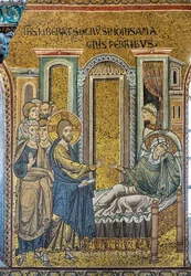 Jesus heilt Simons Schwiegermutter vom Fieber, byzantinisches Mosaik, Episoden aus dem Leben Christi, XII-XIII Jahrhundert