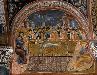 Das letzte Abendmahl, byzantinisches Fresko (12. Jahrhundert), Karanlik Kilise (Dunkle Kirche) (12.-13. Jahrhundert), Göreme (Unesco-Welterbeliste)