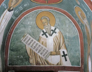 Darstellungen eines Heiligen, der einen Brief hält, der heilige Ignatius von Antiochien, Panagia tou Araka, Lagoudera, Zypern