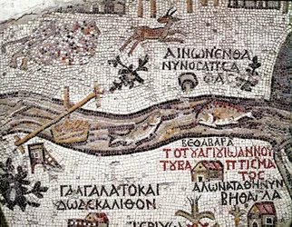 Byzantinische Kunst: älteste Karte Palästinas. Detail mit der Darstellung des Jordan und seiner Mündung in das Tote Meer. Mosaik aus dem 6. Jahrhundert. Madaba, St.-Georgs-Kirche
