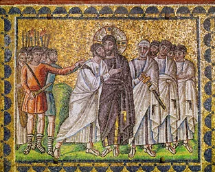 Christus umgeben von Aposteln; er wird von römischen Soldaten ergriffen
