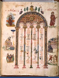 F.4v, Kanontafeln, aus den Rabula-Evangelien, 586 n. Chr.