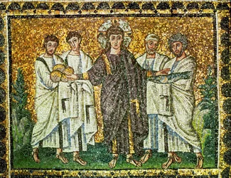 Jesus und die Brot- und Fischvermehrung, vier Apostel