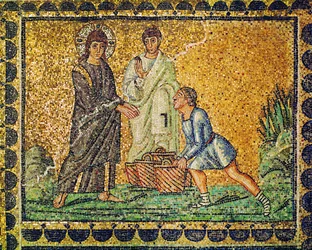 Jesus und die Brotvermehrung, ein Apostel und ein Mann mit Brotkörben, 6. Jahrhundert