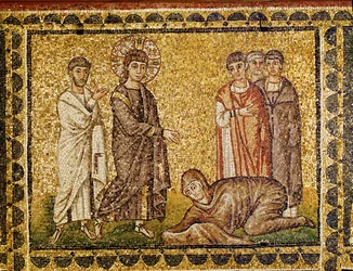 Jesus heilt die blutflüssige Frau in Anwesenheit eines Apostels und drei weiterer Personen