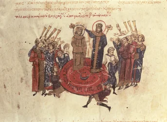 Kaiser Michael I. Rangabes wird von Nicephorus gekrönt, 811, aus dem Madrid Skylitzes