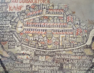 Die Stadt Jerusalem und die Umgebung, Detail aus der Madaba-Mosaikkarte, byzantinisch, 6. Jahrhundert