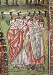Das hebräische Volk, Detail der Gastfreundschaft Abrahams und des Opfers Isaaks, 6. Jahrhundert (Mosaik)