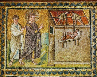 Der Gelähmte wird vom Dach herabgelassen, Jesus und ein Apostel