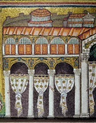 Ansicht des Palastes des byzantinischen Kaisers Theoderich der Große. Detail. Seitliches Mosaik des Mittelschiffs, Basilika von Sant