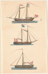 Drei Marineschiffe mit dänischen Flaggen. Rudergezogen