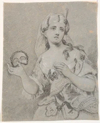 Junge Dame in türkischem Kostüm mit Halbmaske in der Hand