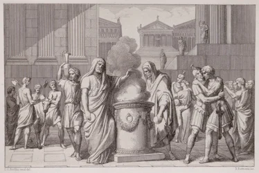 Das Treffen von Camillus und Manlius nach dem Rückzug der Gallier, graviert von B.Barloccini, 1849