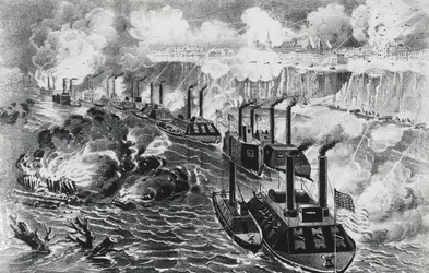 Admiral David Dixon Porters Flotte durchbricht die Rebellenblockade am Mississippi bei Vicksburg, 16. April