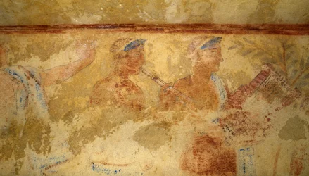 Musiker, Fresko, Detail, Grab der Blauen Dämonen, Nekropole von Tarquinia (UNESCO-Welterbeliste, 2004), Latium, Italien. Etruskische Zivilisation, 5. Jahrhundert v. Chr. (Foto)