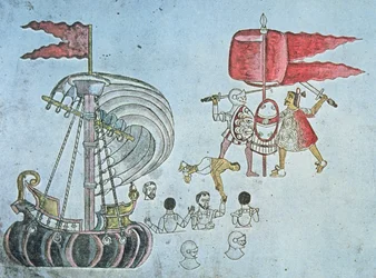 Spanische Soldaten von Hernan Cortes waten 1519 an Land, um gegen die Azteken zu kämpfen, kopiert aus dem Codex Azcatitlan, ca. 1550