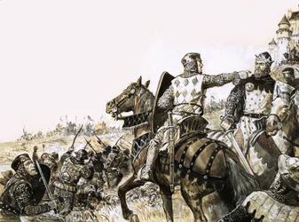 Unidentifizierte Schlachtszene mit Soldat, der auf den König zeigt