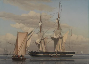 Ein amerikanischer Marinebrig liegt vor Anker, während ihre Segel trocknen