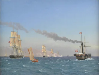 Christian VIII an Bord seines Dampfschiffs "Ægir" beobachtet die Manöver eines Geschwaders in der Nähe von Kopenhagen