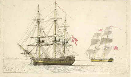 Eine dänische Fregatte vor Anker und eine englische Brigg unter Segel