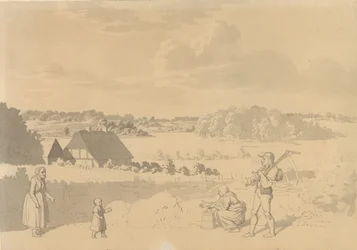 Landschaft mit einem See, umgeben von Wald und Feldern, im Vordergrund Bauern, die mit einem kleinen Kind spielen