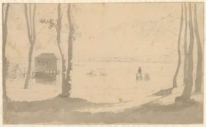 Aussicht über einen See, links ein Badehaus, in der Mitte Reiter, die Pferde tränken, im Vordergrund bewaldet