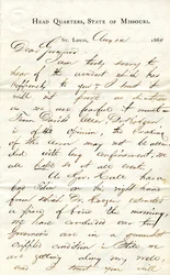 Brief unterschrieben C.C. Bailey, Hauptquartier, Staat Missouri, St. Louis, an Gouverneur [Hamilton R. Gamble], 12. August 1863