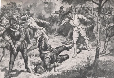 Der Admiral, gefolgt von seiner Partei, rannte kopfüber auf die Vera Cruz Wache, Illustration aus 