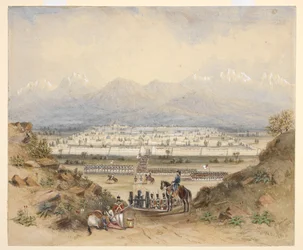 Ein General, der Kavallerie und Infanterie überprüft, die im Begriff sind, eine ummauerte Stadt in bergigem Land zu betreten, vielleicht Kandahar (N.W.F.P.). 1843, nach einer früheren Skizze.