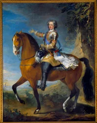 Reiterporträt von Ludwig XV. (1710-1774), König von Frankreich, im Alter von 13 Jahren, 1723. Gemälde von Jean Baptiste Van Loo (1684 - 1745) und Charles Parrocel (1688-1752)