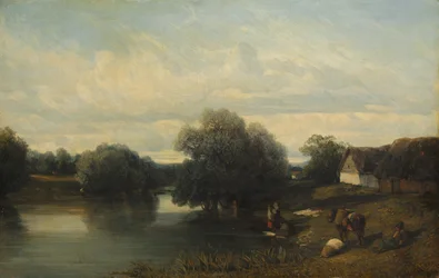 Hütte am Fluss mit Waschfrauen, 1835