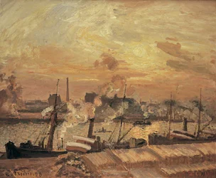 Déchargement de bois, quai de la Bourse, coucher de soleil, 1898