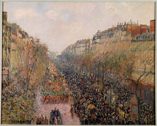 Tag des Mardi Gras auf dem Boulevard Montmartre in Paris im Jahr 1897. Gemälde von Camille Pissarro (1830-1903), 1897. Los Angeles, Hammer Museum