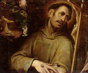Der heilige Franziskus verehrt das Kreuz mit der Stigmatisation des heiligen Franziskus im Hintergrund