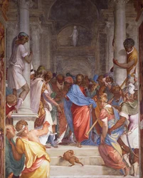Ehebrecherin vor Christus, Fresko von Camillo Boccaccino (1501-1546) im Presbyterium der Kirche San Sigismondo, Cremona, Italien