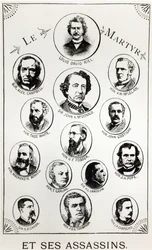 Louis Riel (1844-85) und seine Mörder, Illustration aus Le Gibet de Regina, veröffentlicht 1886