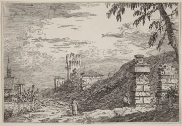 Landschaft mit Turm und zwei verfallenen Säulen
