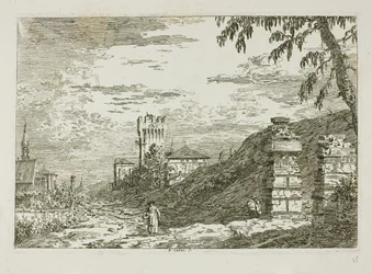 Landschaft mit Turm und zwei zerstörten Säulen, aus Vedute