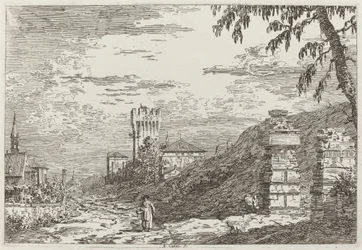 Landschaft mit Turm und zwei zerstörten Säulen [links]