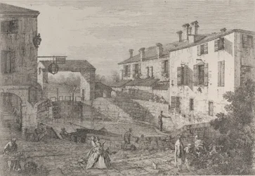 Die Tore von Dolo: das ovale Becken der Schleusen bei Dolo mit einem am Kai vertäuten Lastkahn..., 1735-46.