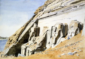 Vorderseite des Großen Tempels in Abu Simbel, riesige Sandstein-Statuen von Ramses II. Von Canon G Frederick Weston