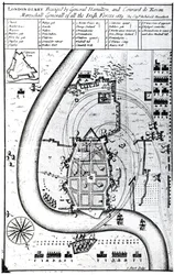 Londonderry belagert von General Hamilton und Conrad de Rosen, graviert von J. Sturt, 1689