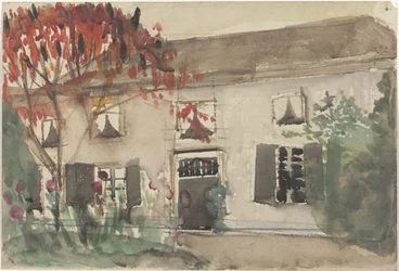 Haus mit Vorgarten und rotem Baum