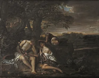 Ein schlafendes Paar, entdeckt von drei Frauen in einer arkadischen Landschaft