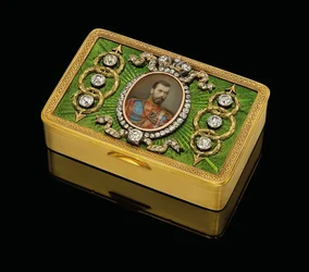 Eine kaiserliche Präsentations-Schnupftabakdose, mit einem Aquarell auf Elfenbein-Miniatur von Kaiser Nikolaus II., ca. 1890